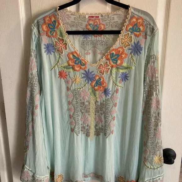 Johnny Was Floral Embroidered Blouse - Sea Foam - Picture 1 of 5